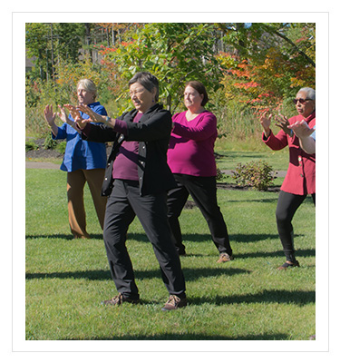 group of older adults performing tai chi outdoors