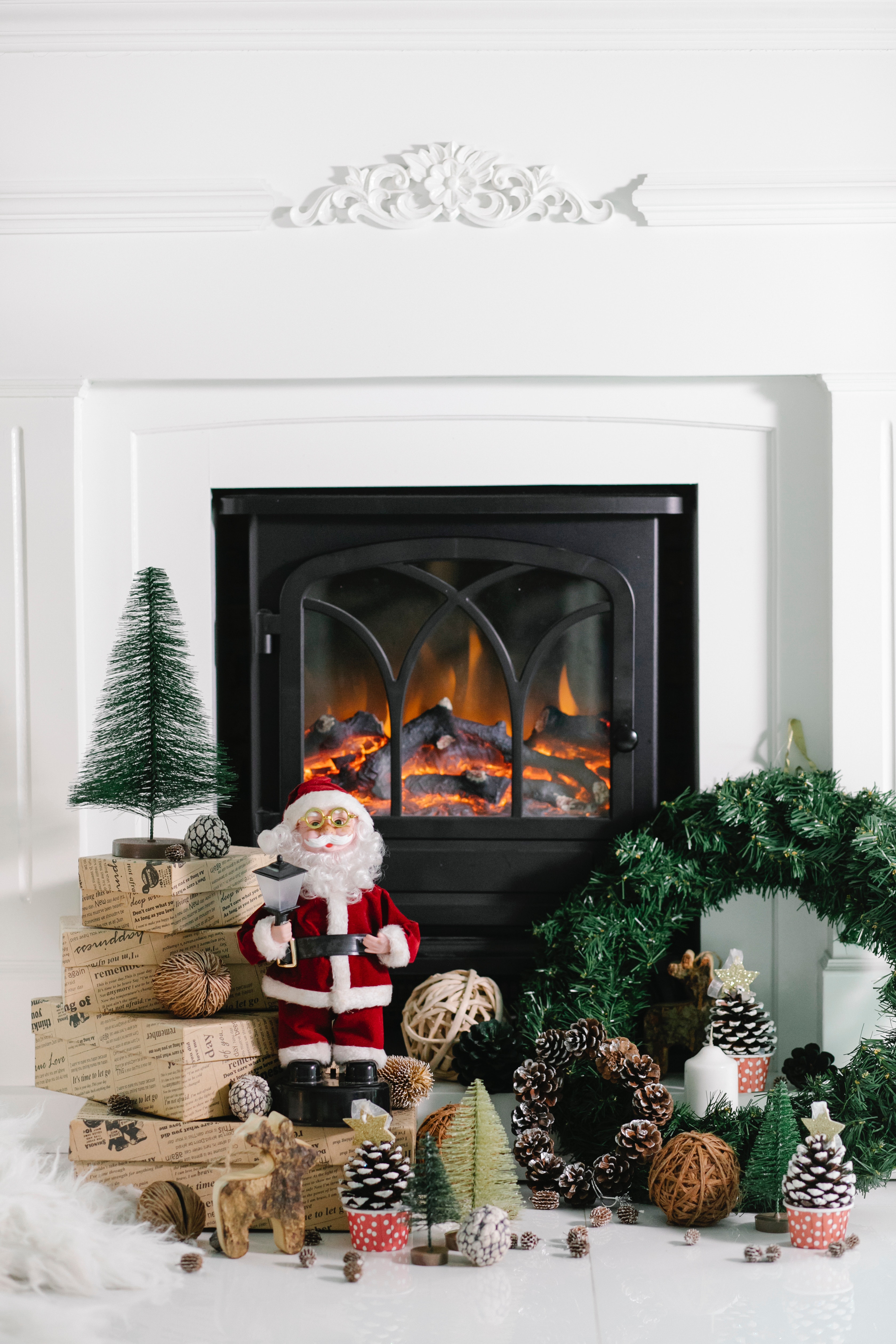fireplace with presents and Santa