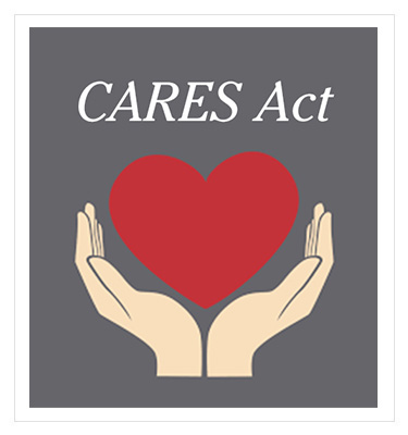 red, white, and blue button that reads "CARES act"